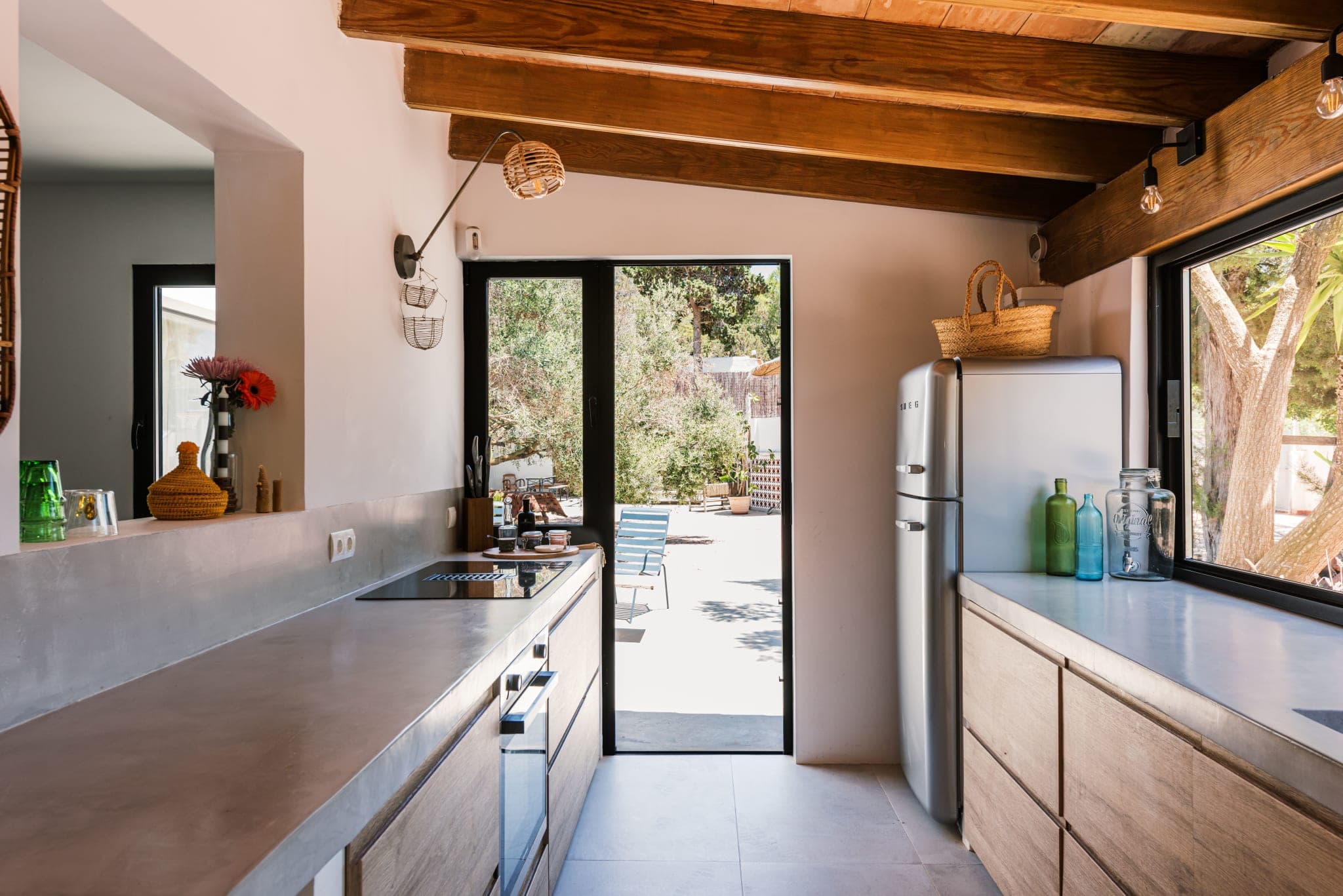 Kitchen with timber beam ceiling